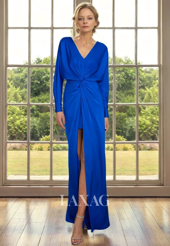 Wardrobe Refresh V-Neck Long Sleeves Sleek Satin Mother of the Bride Dress with Slit and Train