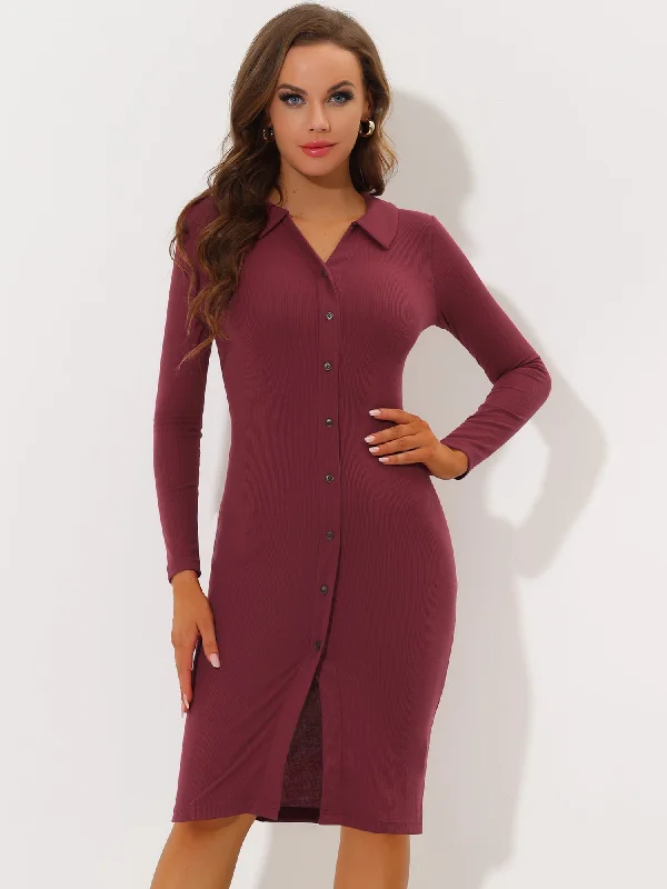 Seasonal Fashion Casual Long Sleeve Collared Bodycon Sheath Slim Fit Knit Midi Dress