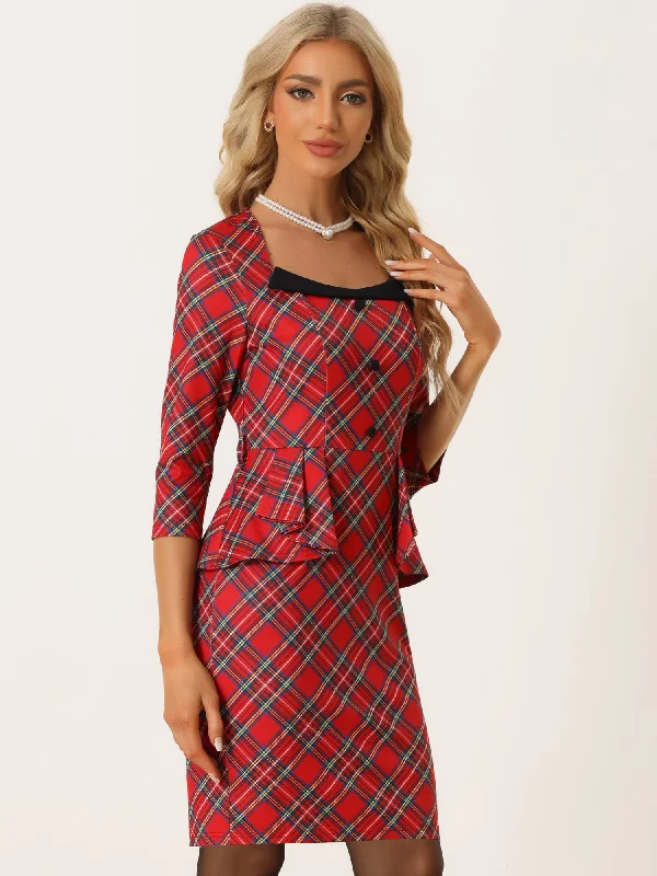 First Order Discount Plaid 3/4 Sleeve Belt Peplum Bodycon Pencil Sheath Dress