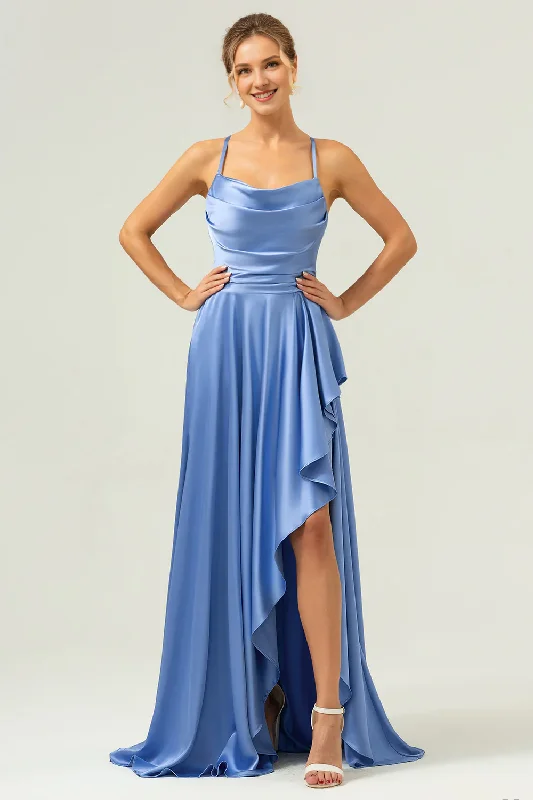 Fashion Essentials A-line satin asymmetrical ruffled blue bridesmaid dress