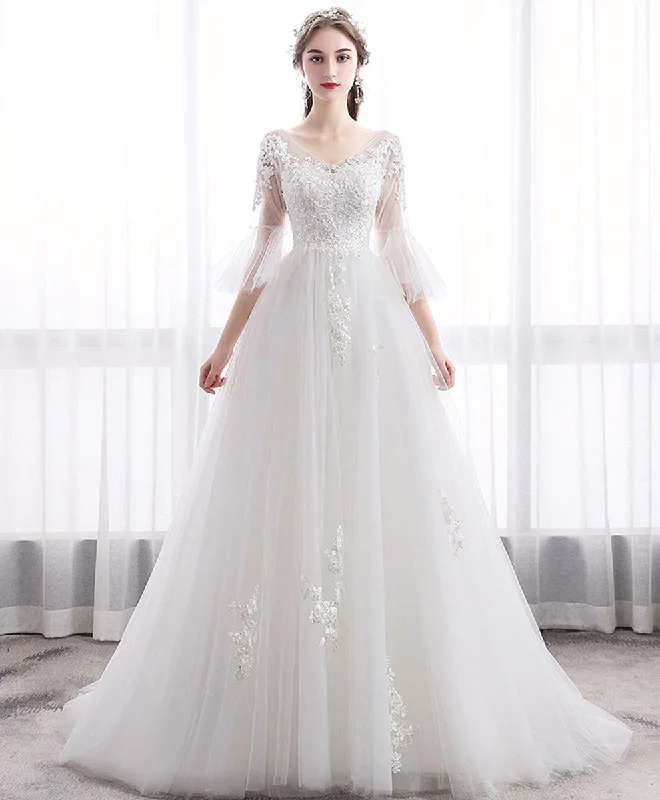 Clearance Event White V Neck Tulle Lace Long Wedding Dress, Lace Bridal Dress