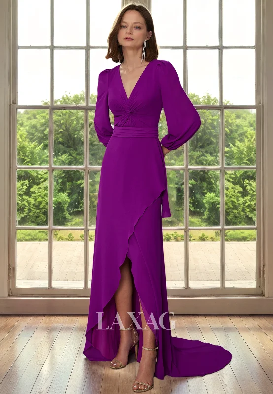 Cool Prices V-Neck Long Sleeves Backless Sleek Satin Mother of the Bride Dress with Slit and Train