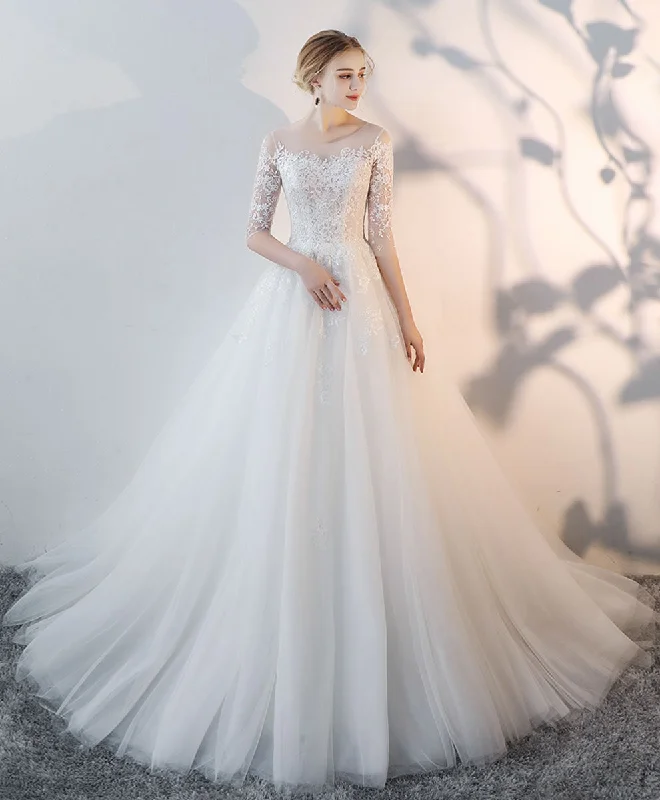 Early Access To Art Deco Styles Sale White Round Neck Tulle Lace Long Bridal Gown Lace Wedding Dress