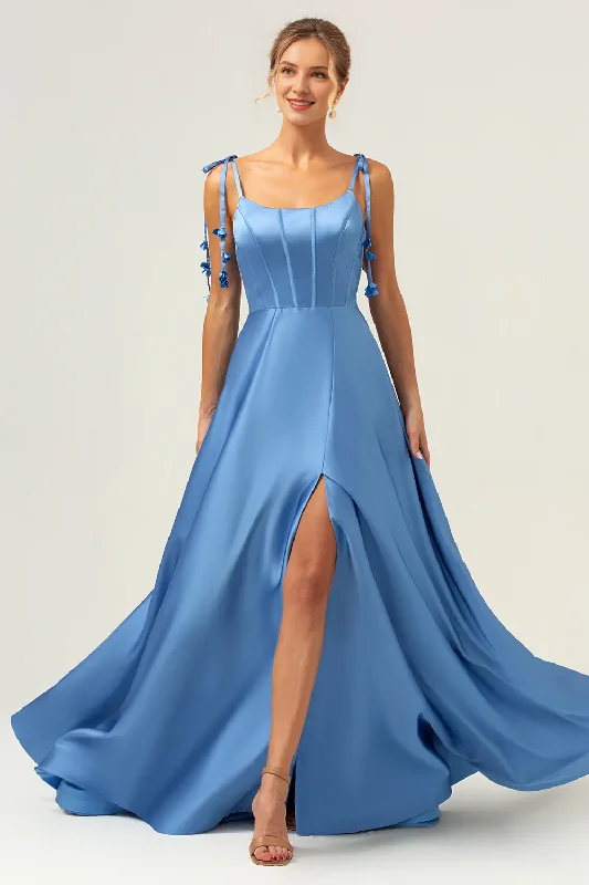 Latest Fashion A-line slim shoulder strap tight corset tie back long blue slit bridesmaid dress