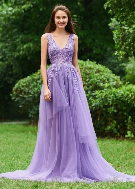 Chic Style Purple Prom Dress,A-Line Prom Gown,Tulle Prom Dress,V-Neck Prom Gown cg3740