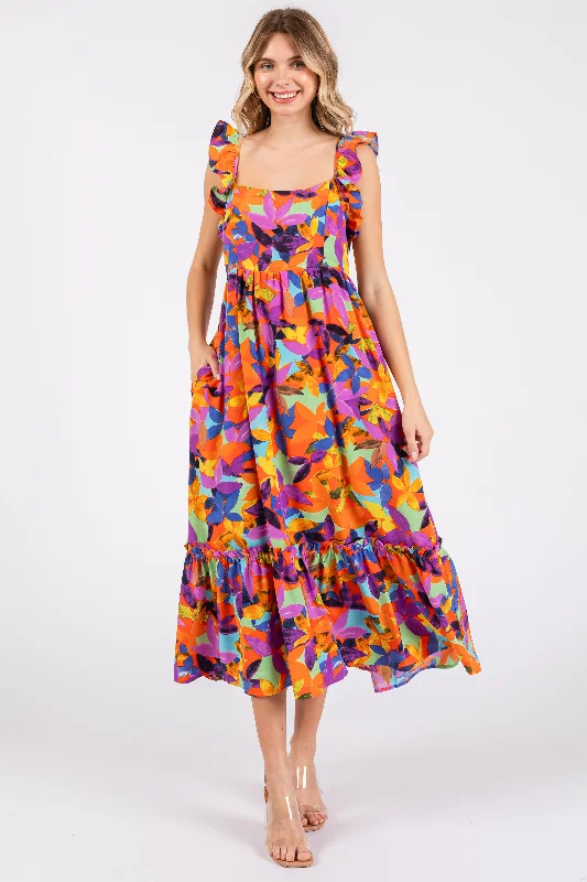 Fashion-Forward Orange Floral Satin Square Neck Ruffle Strap Midi Dress