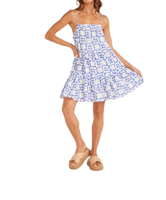 Wardrobe Upgrade Vivi Tiered Mini Dress In Blue/white Floral