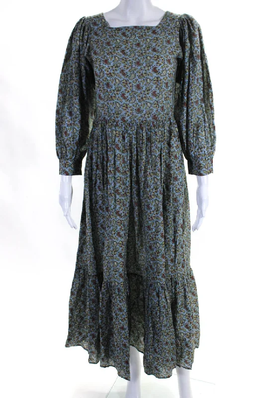 Clearance Event Doen Womens Organic Cotton Floral Paisley Print Back Buttoned Dress Blue