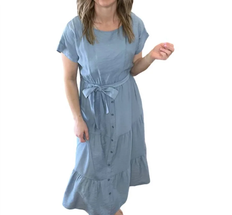 Fashion Forward Deedra Tiered Button Midi Dress In Blue