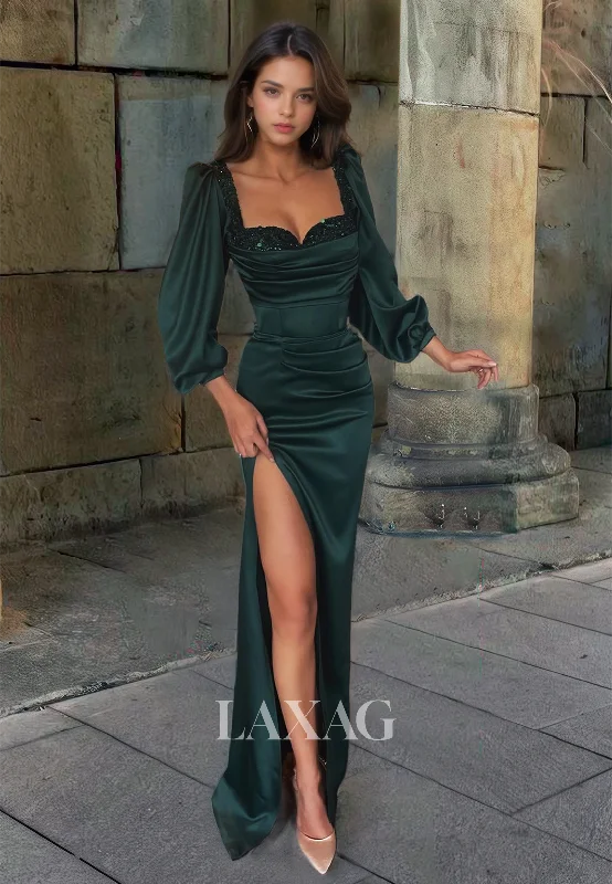 Casual Chic Sweetheart Long Sleeves Satin Mermaid Prom Dress Floor-Length with Beaded Evening Dress