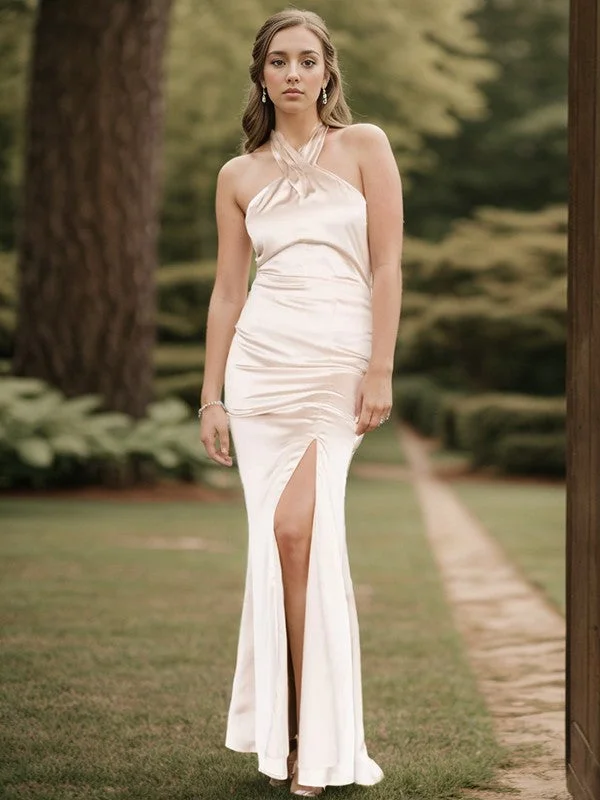 Holiday Sale Sheath/Column Silk Like Satin Pleated Halter Floor-Length Bridesmaid Dresses