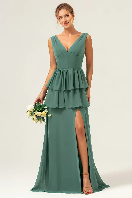 Fashion Forward Eucalyptus A-line V-neck layered long ruffled bridesmaid dress