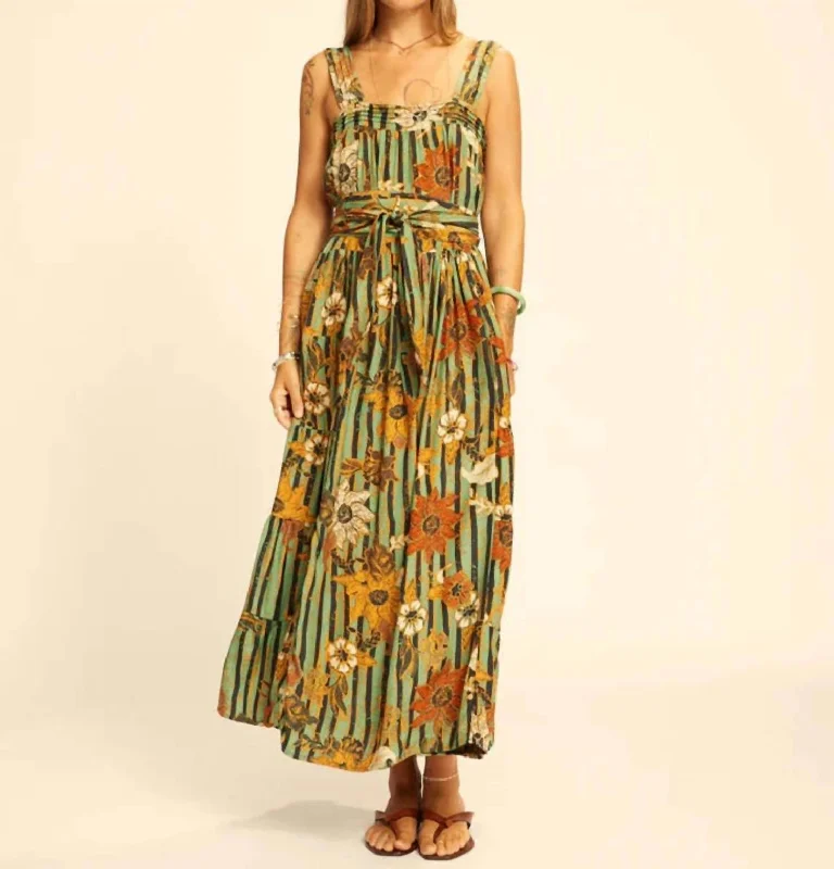 Casual Chic Jasmine Maxi Dress With Sash In Sunflower Stripe Print/moss Green