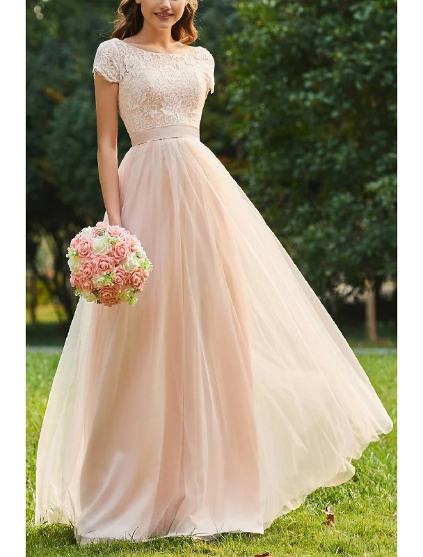 Chic Outfits A-Line Bridesmaid Dress Jewel Neck Short Sleeve Elegant Floor Length Chiffon / Lace with Lace / Pleats