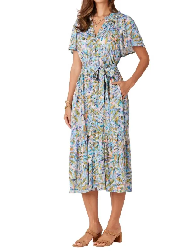 Lighten Up With Nordic Styles Short Bell Sleeve Printed Woven Dress In Blue Floral