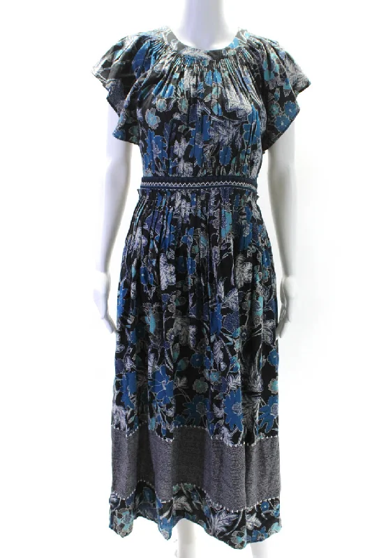 Fashion-Forward Ulla Johnson Womens Sleeveless Floral Print Back Zip Dress Blue Black