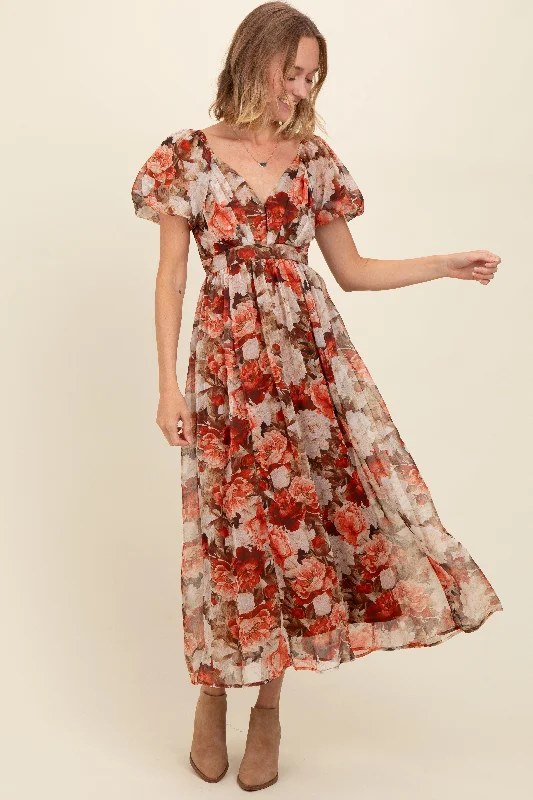 Mother'S Day Special Rust Floral Puff Sleeve Maxi Dress