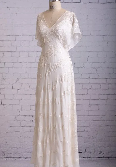 Limited Time Deal Vintage Inspire Lace 1920s Retro Casual V-Neck Sheath Flutter Butterfly Sleeves Wedding Dress