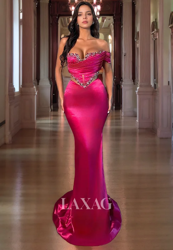 Feminine Soft - Hued Styles Off Shoulder Beaeded Cutout Sleek Satin Mermaid Party Prom Formal Evening Dress