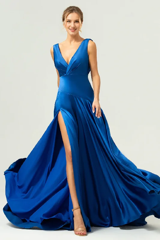 Hot Trends A-line V-neck satin pleated long slit dark blue bridesmaid dress