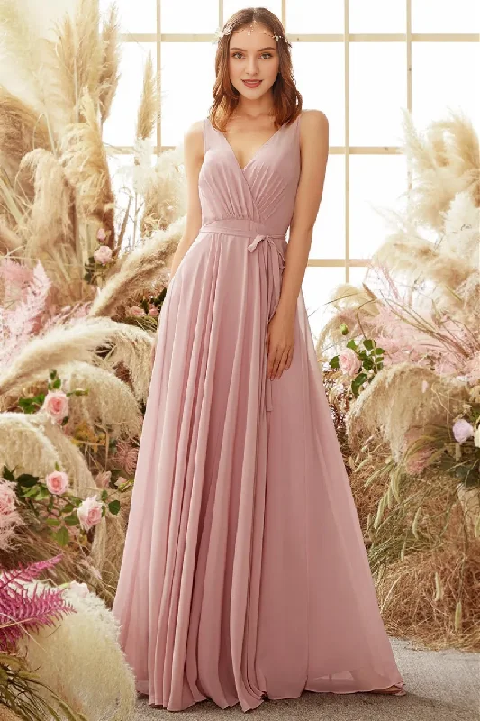 Clearance Event Pink V-neck long chiffon bridesmaid dress