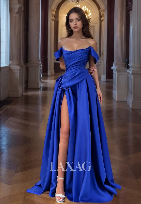 End Of Season Sale Tube Top Sleeveless Pleated A-Line Prom Dress Off-Shoulder Pleated High Slit Satin Evening Gowns