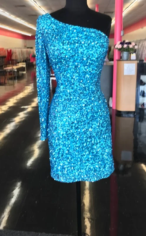 Celebrate With Big Savings Ashley Lauren 4457 Size 8 Neon Blue Cocktail Dress One Shoulder Sheer Long Sleeve Fitted