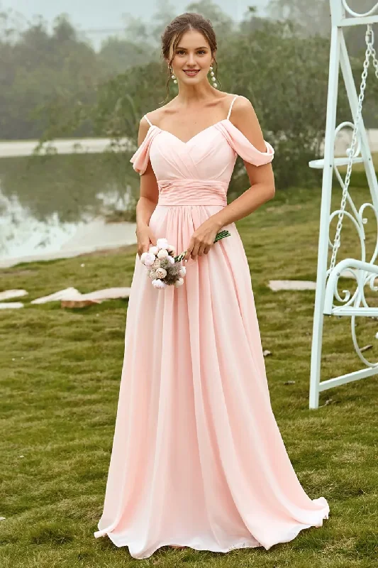 Last Chance Sale A-shaped off shoulder shoulder strap V-neck powder blusher bridesmaid dress