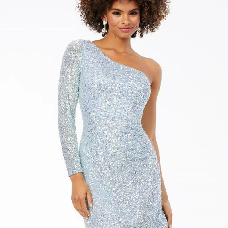 Mother'S Day Special Ashley Lauren 4457 Size 2 AB/Sky Cocktail Dress One Shoulder Sheer Long Sleeve Fitted