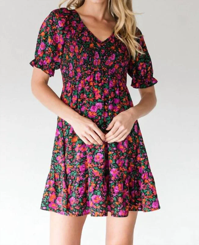 End Of Season Sale Floral Print Smocked Baby Doll Dress In Black