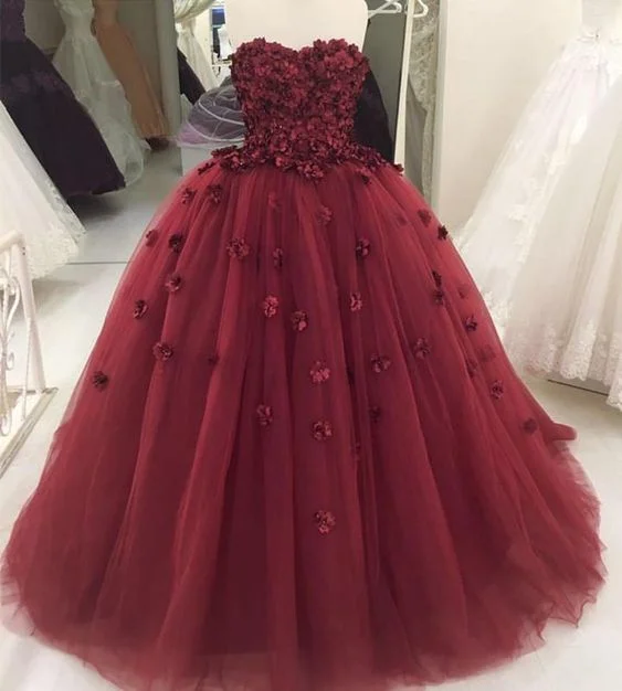 Season Sale Strapless Burgundy Tulle Ball Gown Prom Dress, Formal Evening Dress, Women Dress  cg845