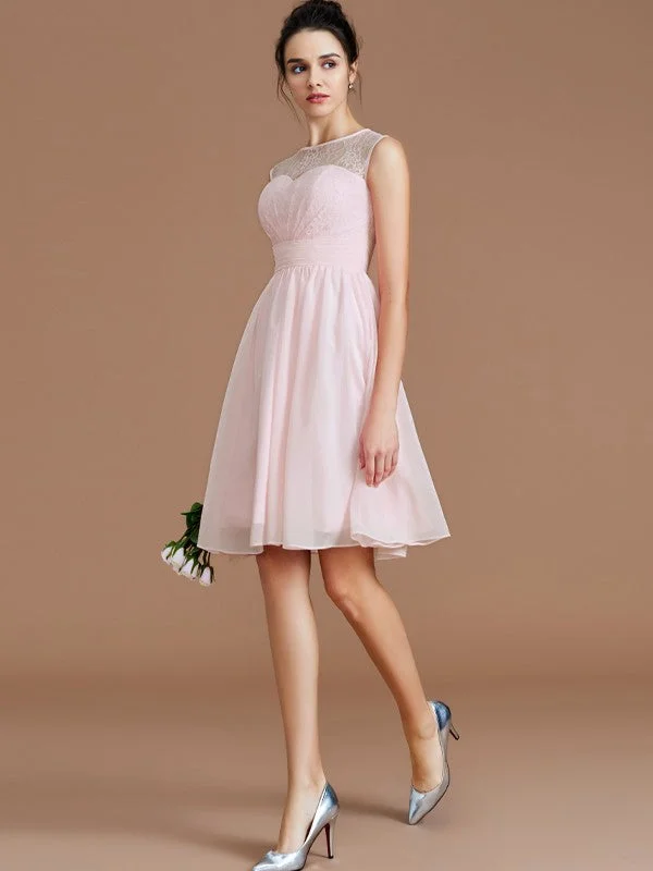 Fashion Essentials A-Line/Princess Sweetheart Sleeveless Lace Short/Mini Chiffon Bridesmaid Dresses