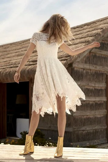 Fashionista Favorites Knee-length Informal Short Sleeve Country Wedding Dress With Illusion Lace Details