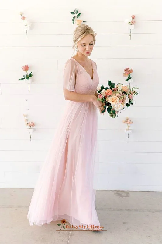 Chic Style Ruffle Sleeve Pink Bridesmaid Dress