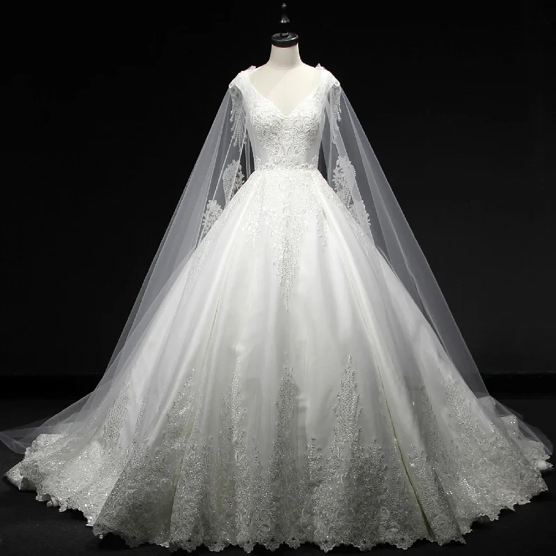 Spring Wardrobe Classic Vneck Ball Gown Wedding Dress with Long Cape & Train