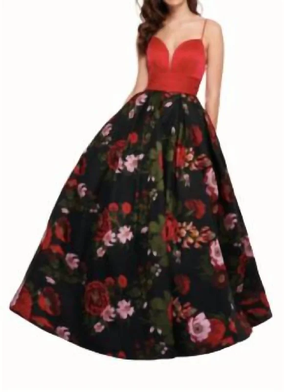 Huge Savings On Parisian Styles Floral Jacquard Ballgown In Red/multi