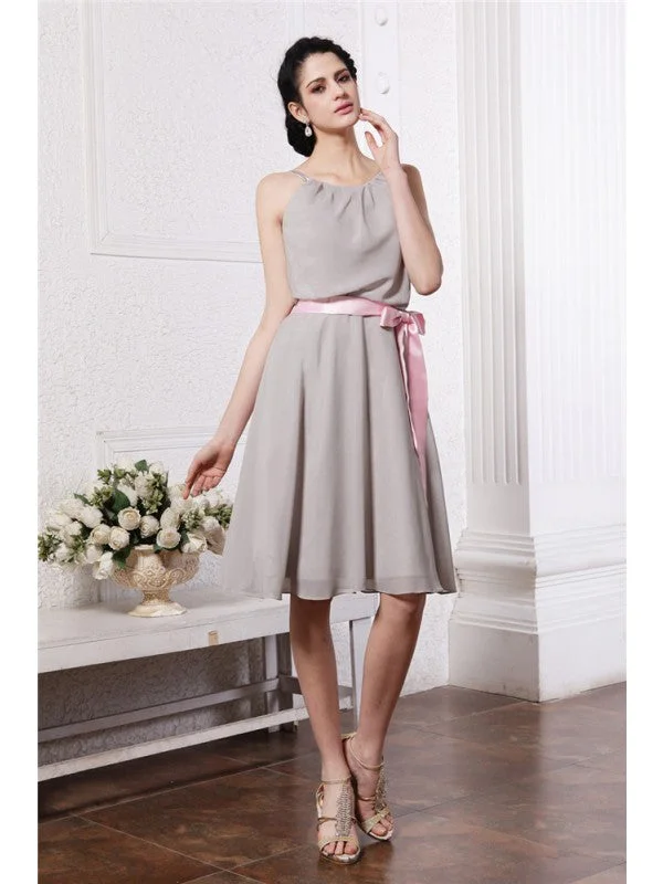 Feminine Soft - Hued Styles Sheath/Column Scoop Sleeveless Sash Short Chiffon Bridesmaid Dresses