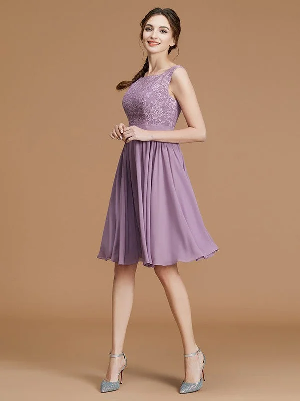 Fashion Sale A-Line/Princess Bateau Sleeveless Short/Mini Lace Chiffon Bridesmaid Dresses