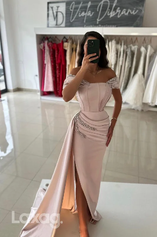 Great Prices On Feminine Styles 14782 - Off the Shoulder Satin Ruched Beads Mermaid Formal Prom Dress with Slit