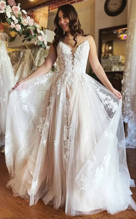 Cool Prices Spaghetti Plunged Lace Applique Empire Elegant Wedding Dress