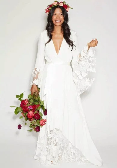 Chic Style Hippie Boho Vintage Simple Flutter Long Sleeve V-Neck Lace & Chiffon Wedding Dress