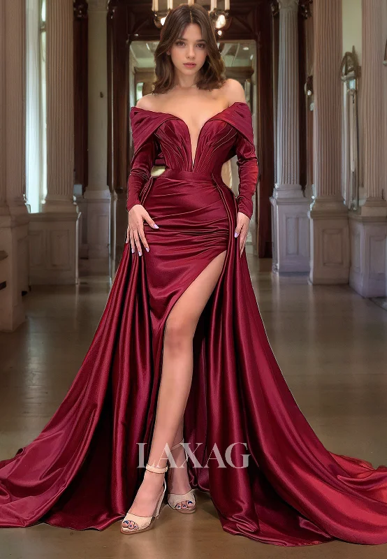 Huge Savings On Parisian Styles Off Shoulder Long Sleeves Sleek Satin High Slit Party Prom Formal Evening Dress with Train