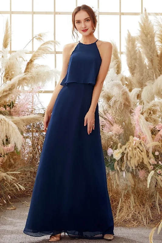 Trendy Styles Hanging neck navy blue chiffon bridesmaid dress