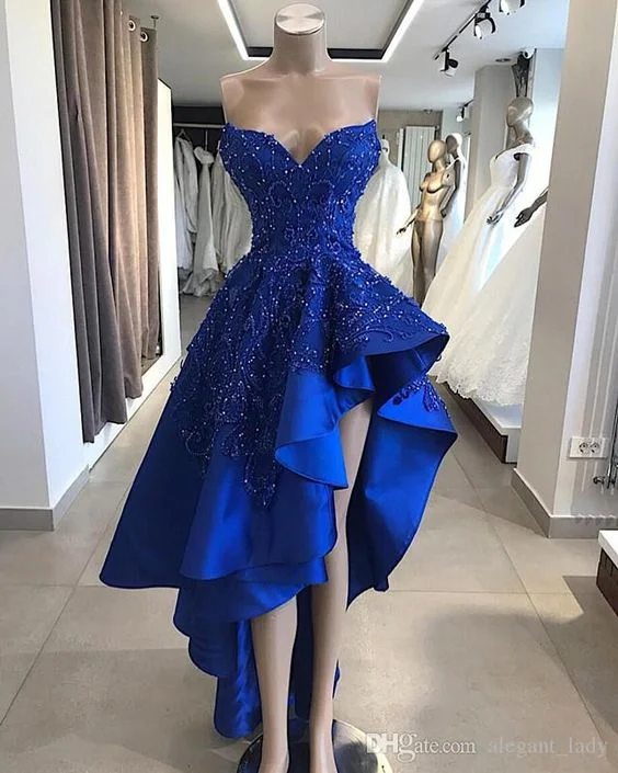 Save On Inspired Styles Royal Blue High Low Evening Party Dresses 2019 Sweetheart Beaded Lace Applique Ruffles Skirt Summer Occasion Prom Gowns  cg1995