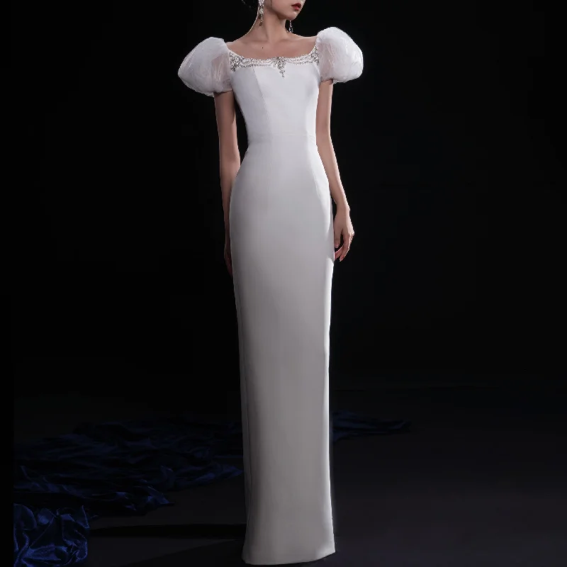 Mid - Week Surprise Puffy Short Sleeve Mermaid Slim Wedding Dress with Back Slit