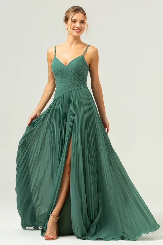 Exclusive Sale Eucalyptus A-line thin shoulder strap slit pleated long bridesmaid dress