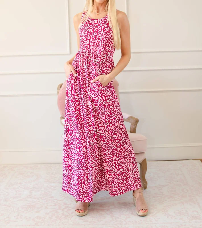 Special Occasion Wear Leopard Pattern Pocketed Sleeveless Maxi Dress In Rose