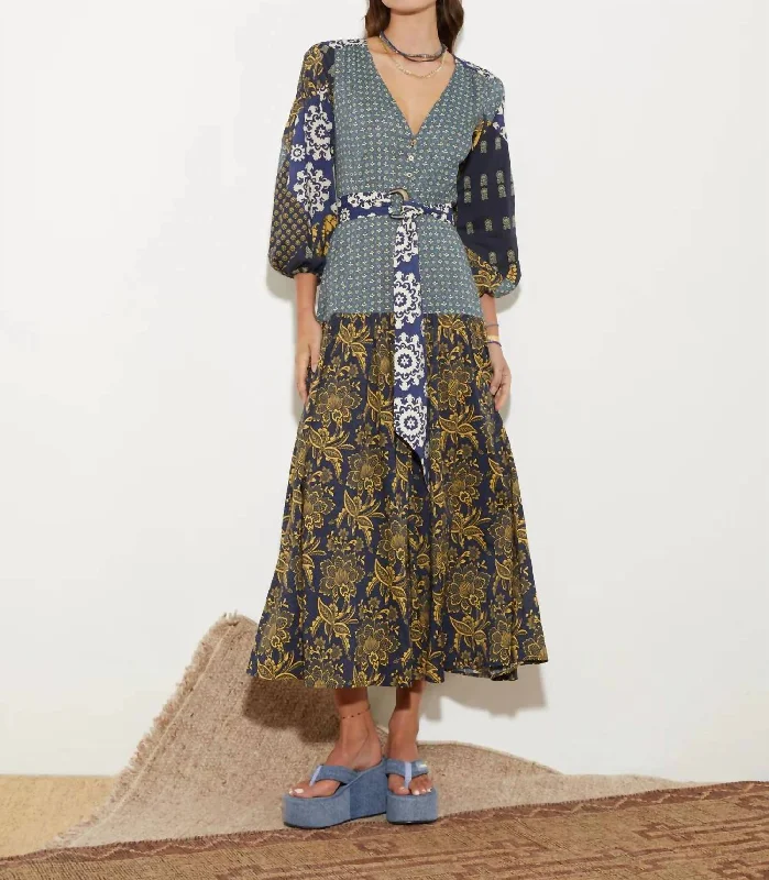 Seasonal Fashion Florimonde Button-Through Maxi Dress In Indigo Patchwork