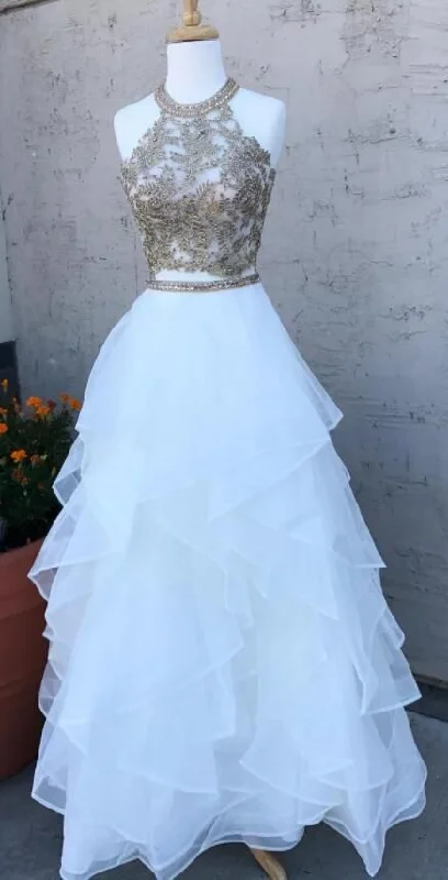 Evening Elegance White tulle floor length prom dress , ball gown with appliques cg552