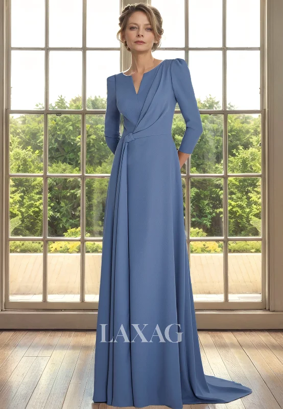 Limited-Time Offer A-Line V-Neck Quarter Sleeves Sleek Satin Mother of the Bride Dress with Train